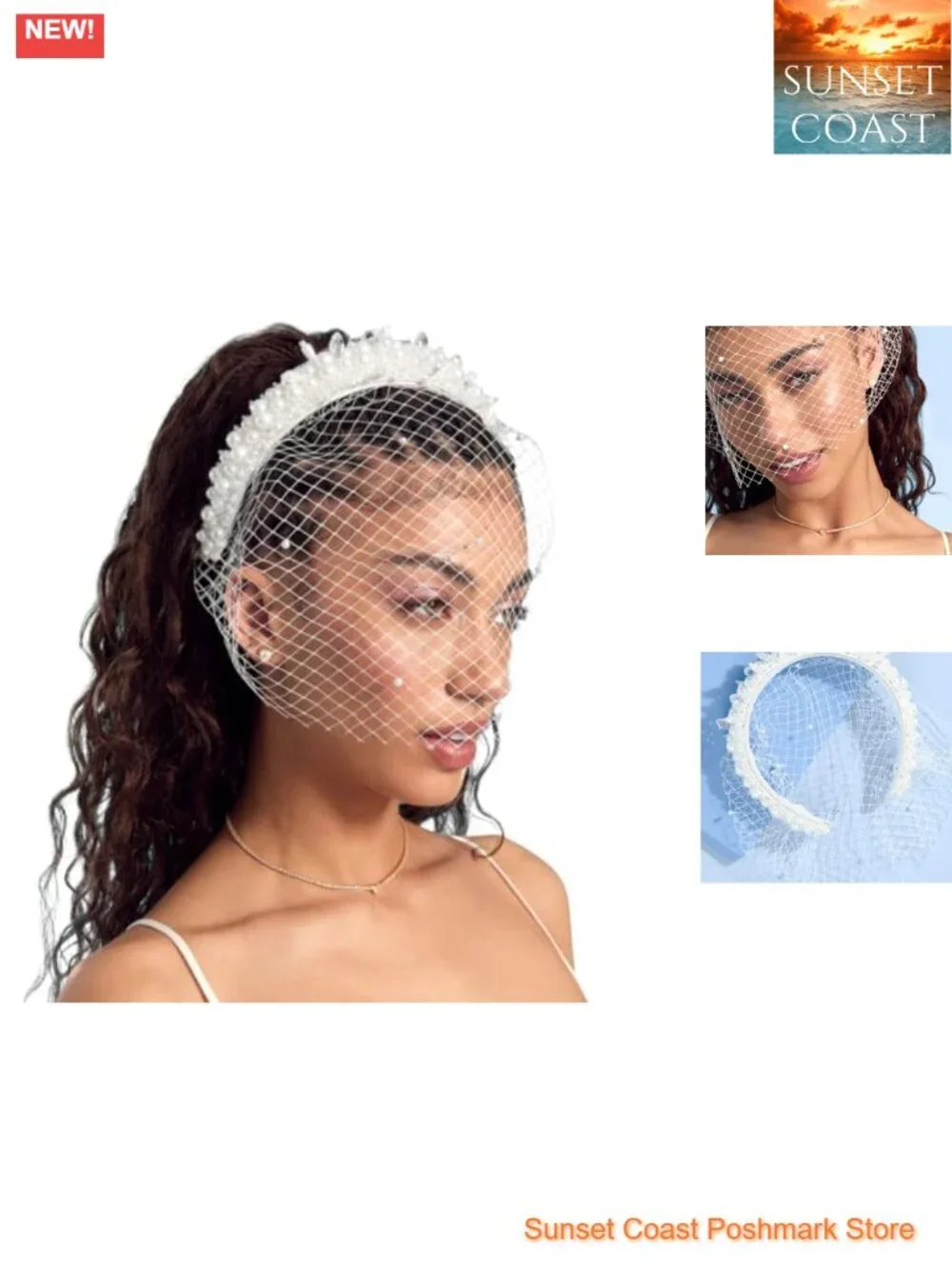Pearl Beaded Bridal Headband with Birdcage Veil Wedding Hairpiece